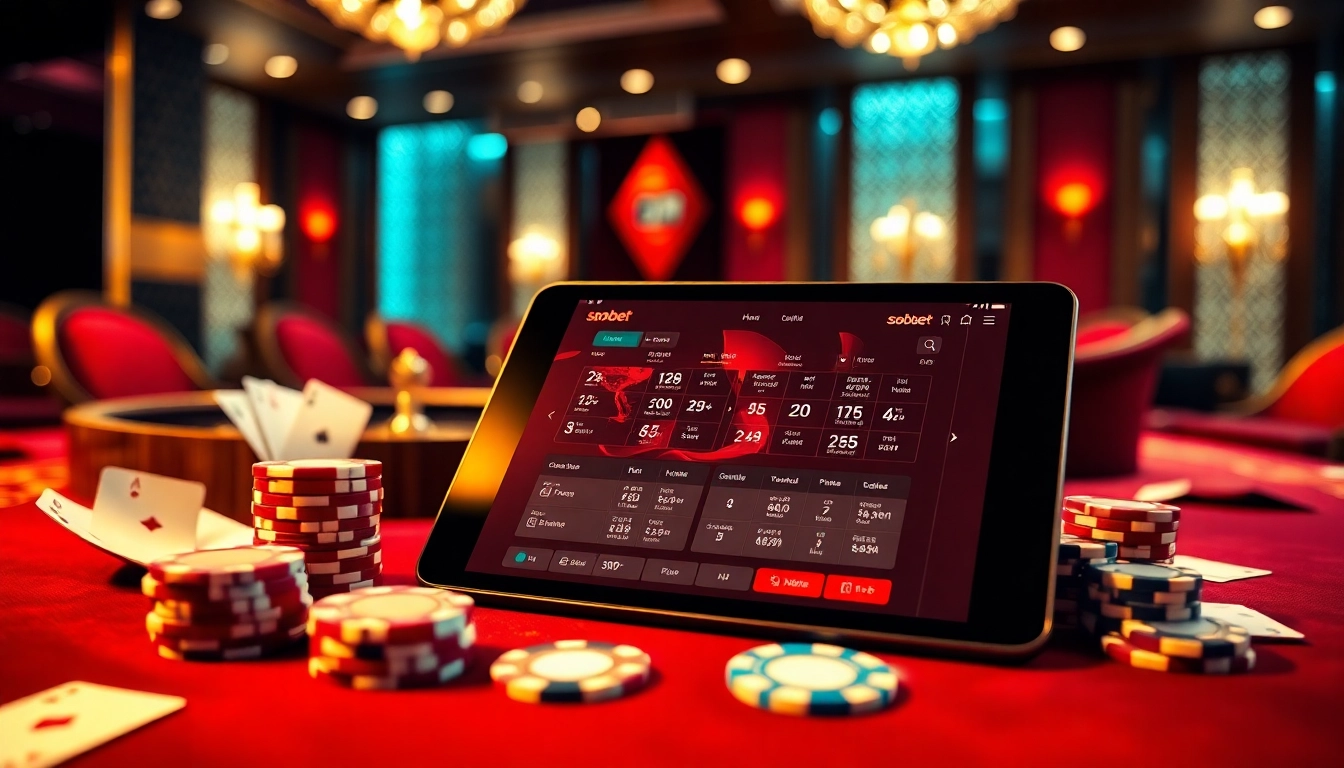 Sbobet betting interface on a tablet amidst poker chips and casino elements, embodying excitement.