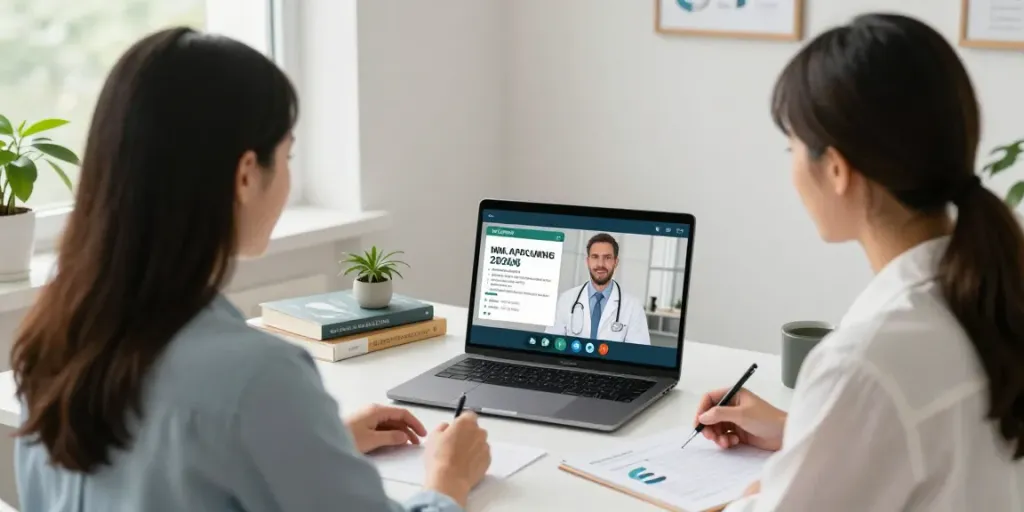 Patient receiving an MMJ card online consultation from a doctor in a cozy home office.