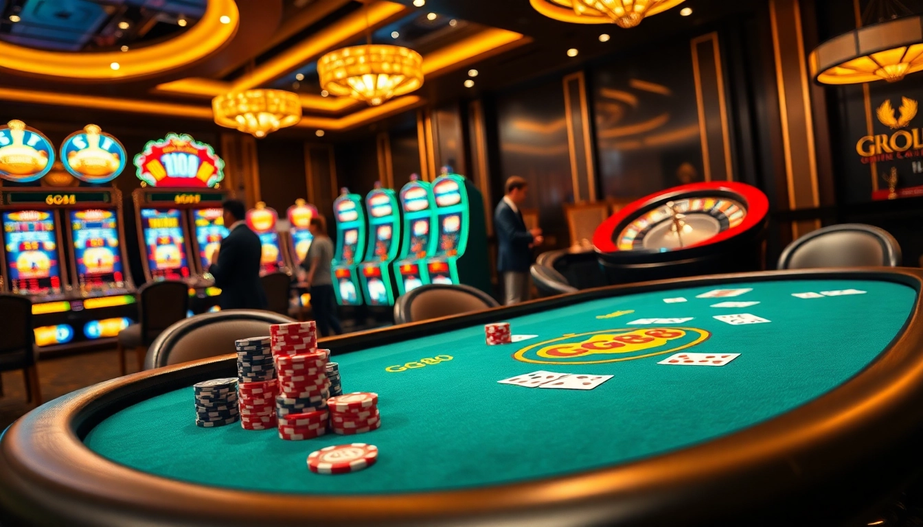 Players enjoying the GG88 poker experience at a luxurious casino table with vibrant chips.