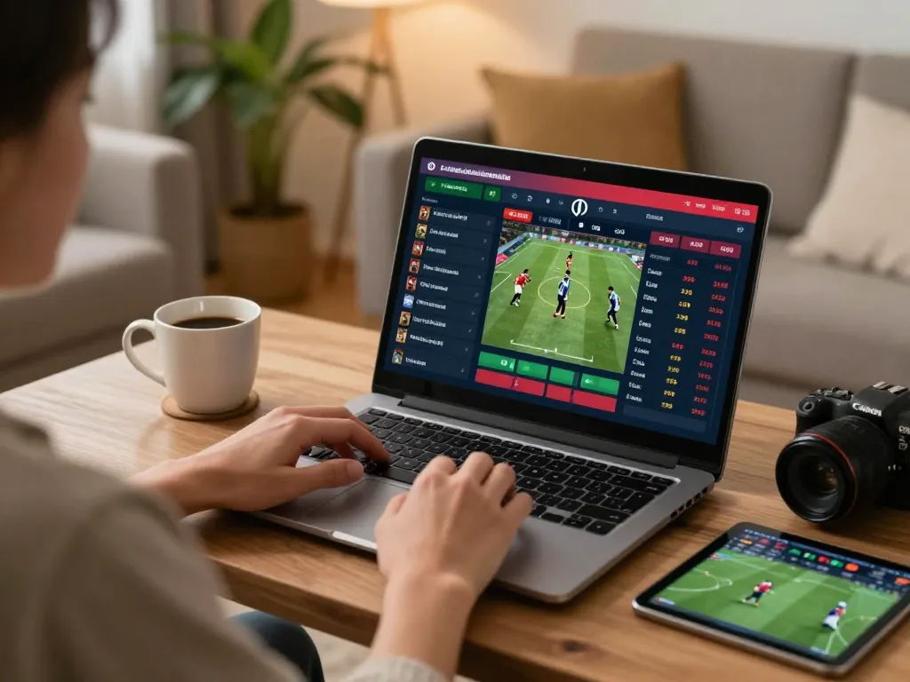 Person engaging in online sports betting with keo nha cai displayed on the laptop in a cozy home setting.