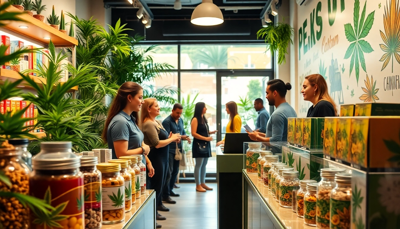 Experience the vibrant atmosphere at a cannabis shop uk, showcasing colorful products and friendly staff.