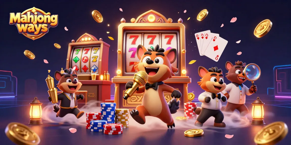 Experience mahjong ways in a vibrant casino scene with hyenas engaging in fun activities.