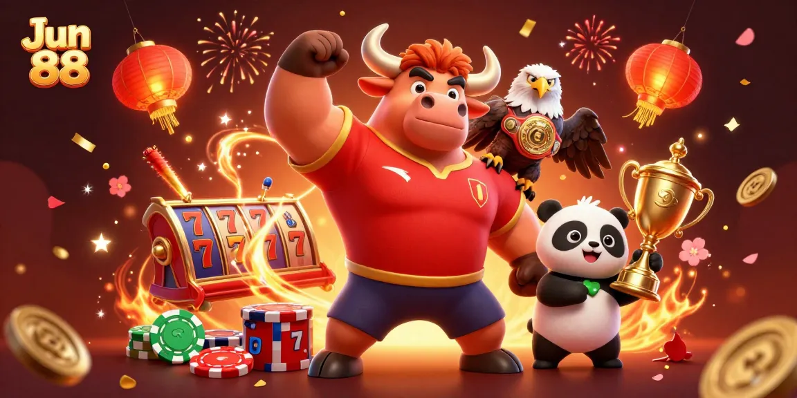 Win big at Jun 88 with dynamic slot machines and festive gaming elements featured in this vibrant scene.
