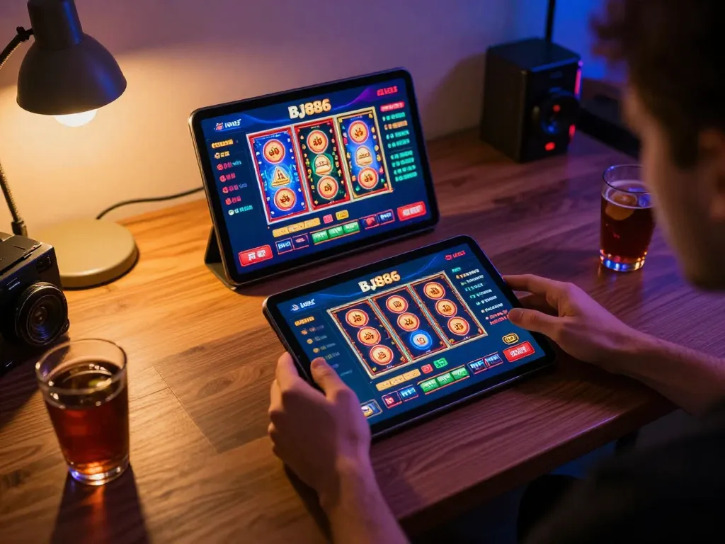 Player experiencing the bj886 casino app on a tablet, immersed in online gambling strategy.