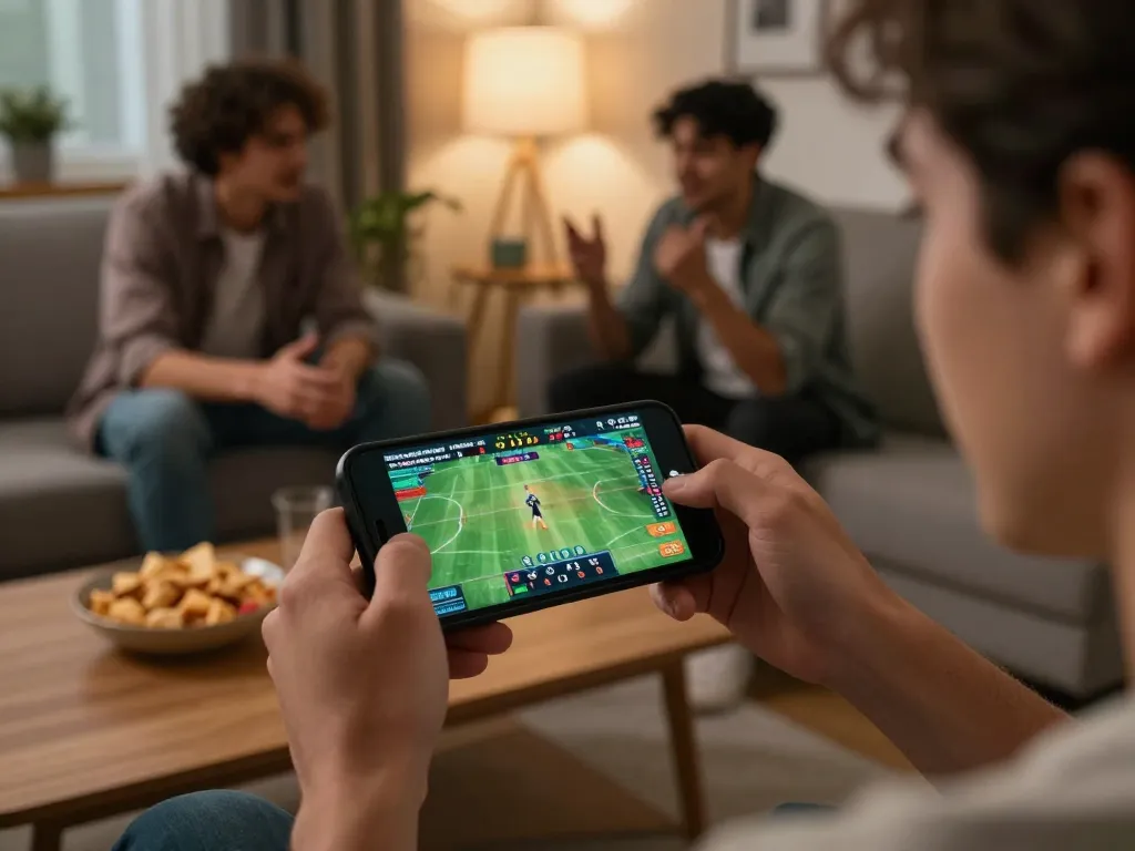Engaging online sports betting moment with keonhacai app on smartphone amid an inviting living room