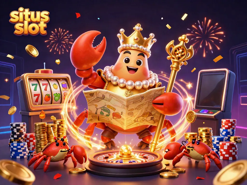 Gambarkan keseruan bermain situs slot dengan kepiting emas sebagai raja di kasino 3D interaktif.