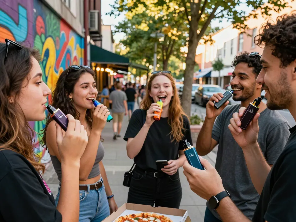 Friends enjoying Hitz infinity Gen 7 vapes outdoors with vibrant street art.