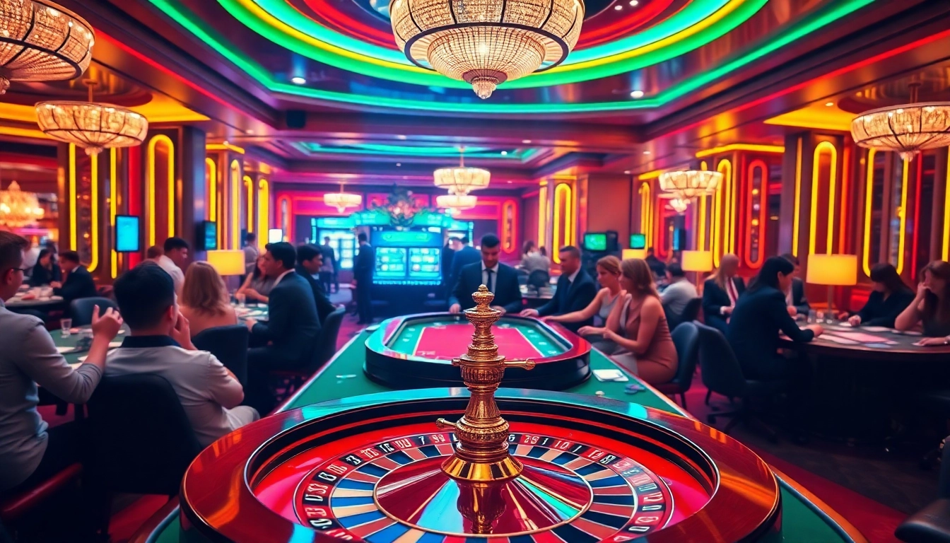 Topvin casino scene showcasing players at poker tables and a roulette wheel in a vibrant atmosphere.