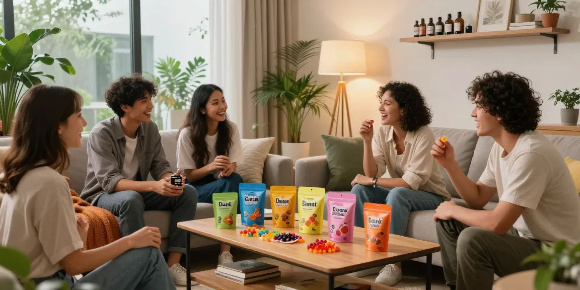 Dank gummies and CBD wellness products on a cozy living room table during an evening gathering with friends enjoying natural flavors and relaxation.