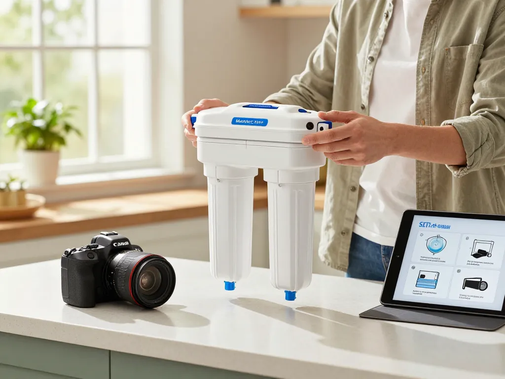 Replacing Maxblue XWF Replacement for GE® XWF water filter in a bright kitchen environment.