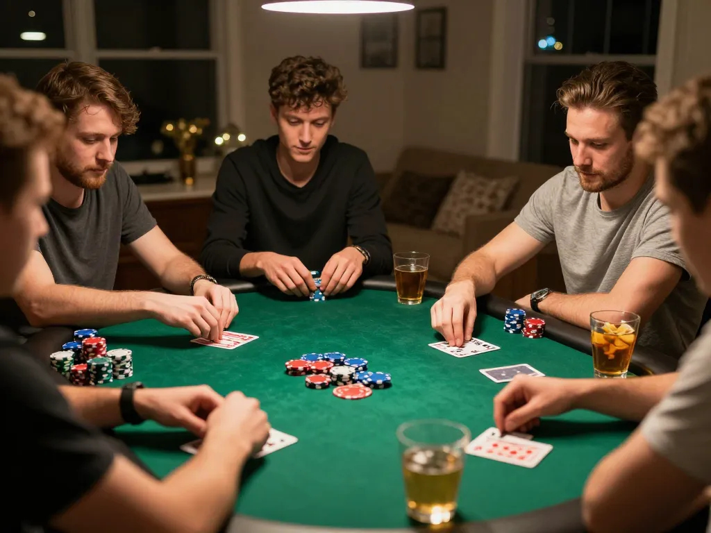 Engaged friends enjoying keonhacai poker night with colorful chips and cards.