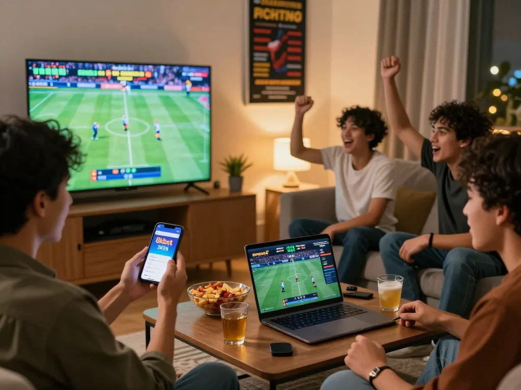Engaged friends celebrating while using the link 8kbet 2026 for online sports betting on their devices in a modern living room.