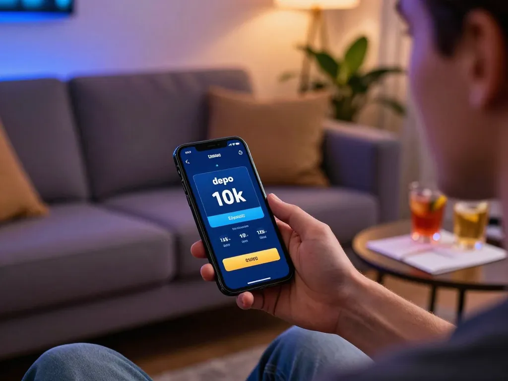 Engaging with depo 10k mobile gaming interface, showcasing modern home setup for online casino play.