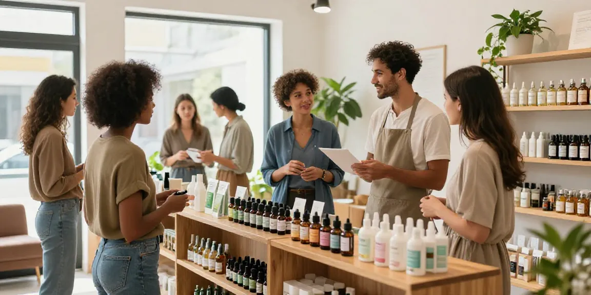 CBD kaufen in einer einladenden Wellness-Shop-Szene mit freundlichem Personal.