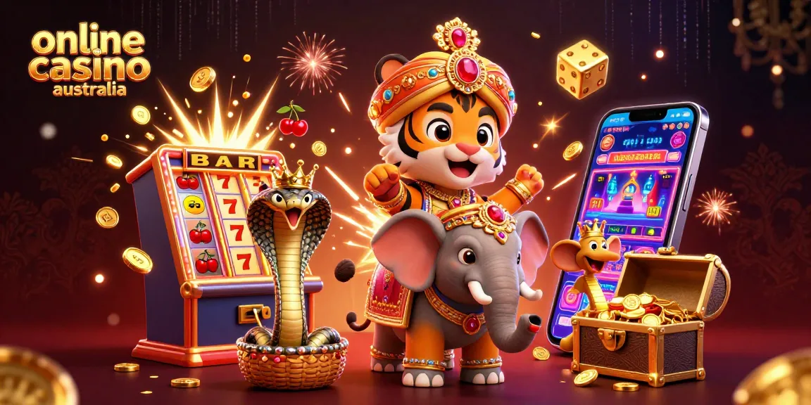 Experience the excitement of online casino Australia with a vibrant 3D casino scene featuring an Indian maharaja tiger!