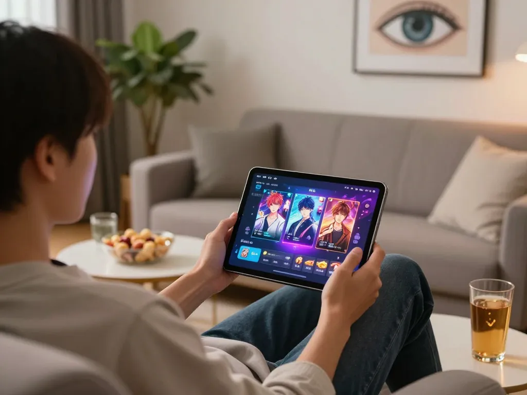 Enjoying sex games online in a cozy living room with vibrant game graphics.