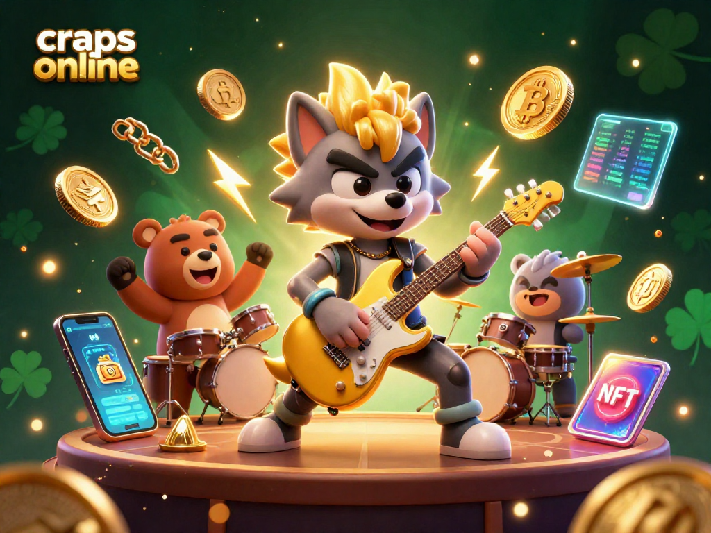 Catching winning strategies with craps online in a vibrant digital illustration featuring a rock star wolf and drummer.