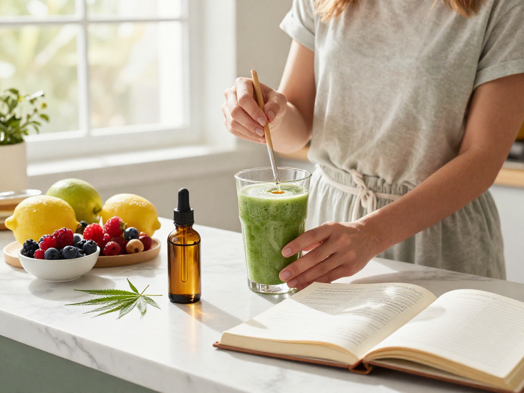Trolli THC gummies in a wellness scene with fresh ingredients and CBD oil, emphasizing natural relief and quality.