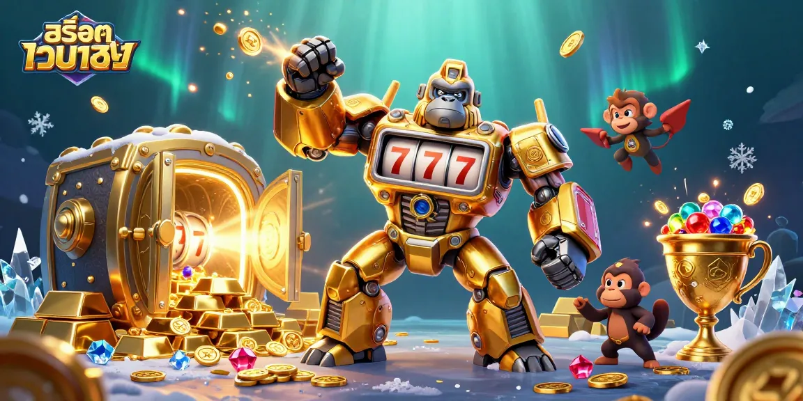Engage with สล็อตเว็บตรง featuring a golden gorilla mech bursting with coins in an energetic casino scene.