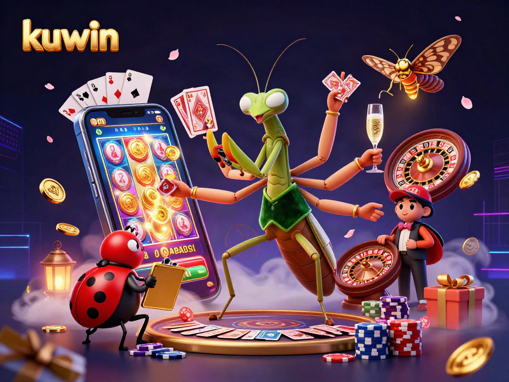 Kuwin casino illustration showcasing a giant praying mantis dealer and vibrant gaming elements.