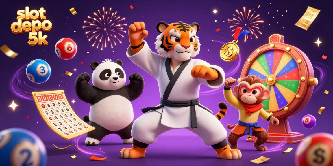 Experience thrilling gameplay with slot depo 5k featuring a kung fu tiger, panda, and monkey amidst vibrant lottery elements.