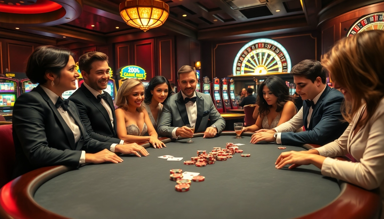 Dynamic gamers at b52club engaging in poker, surrounded by vibrant casino elements.