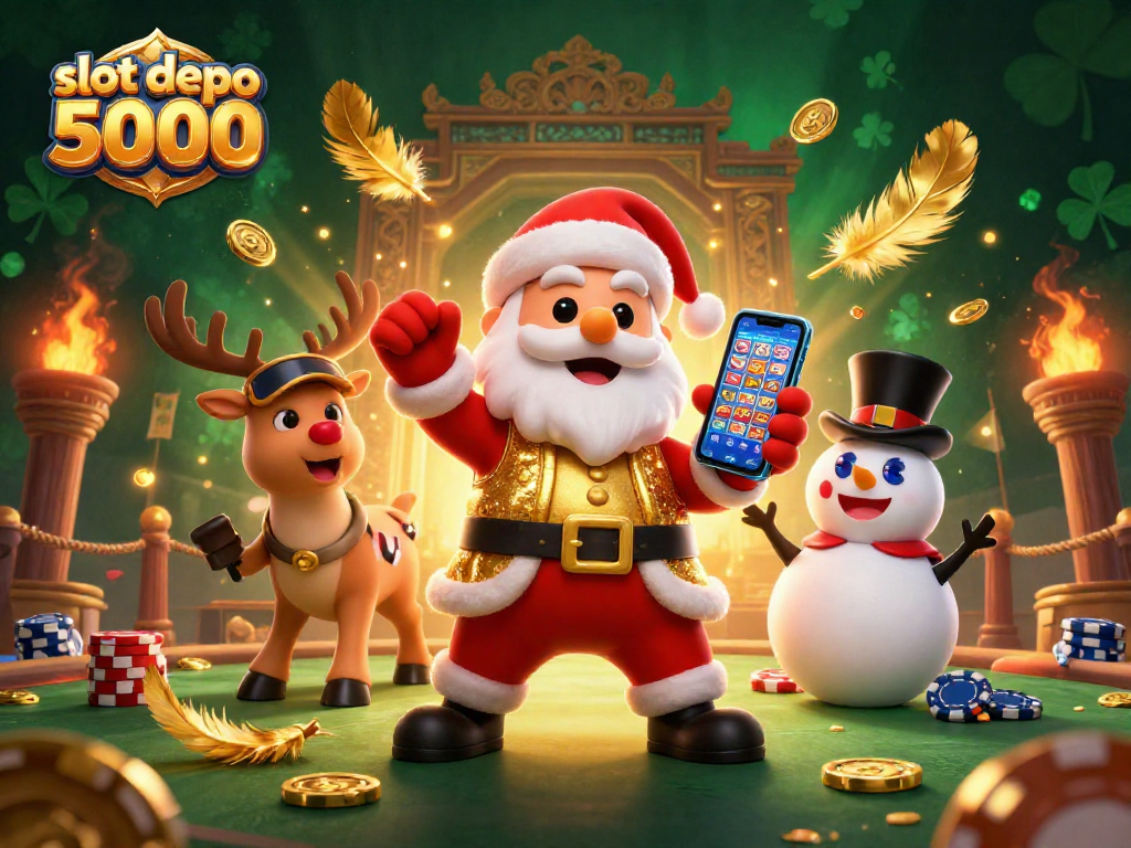 Spin to win with slot depo 5000 in this festive 3D casino scene with Santa and friends.