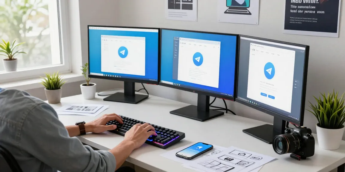 Using the Telegram Web Version on multiple monitors in a modern tech workspace.