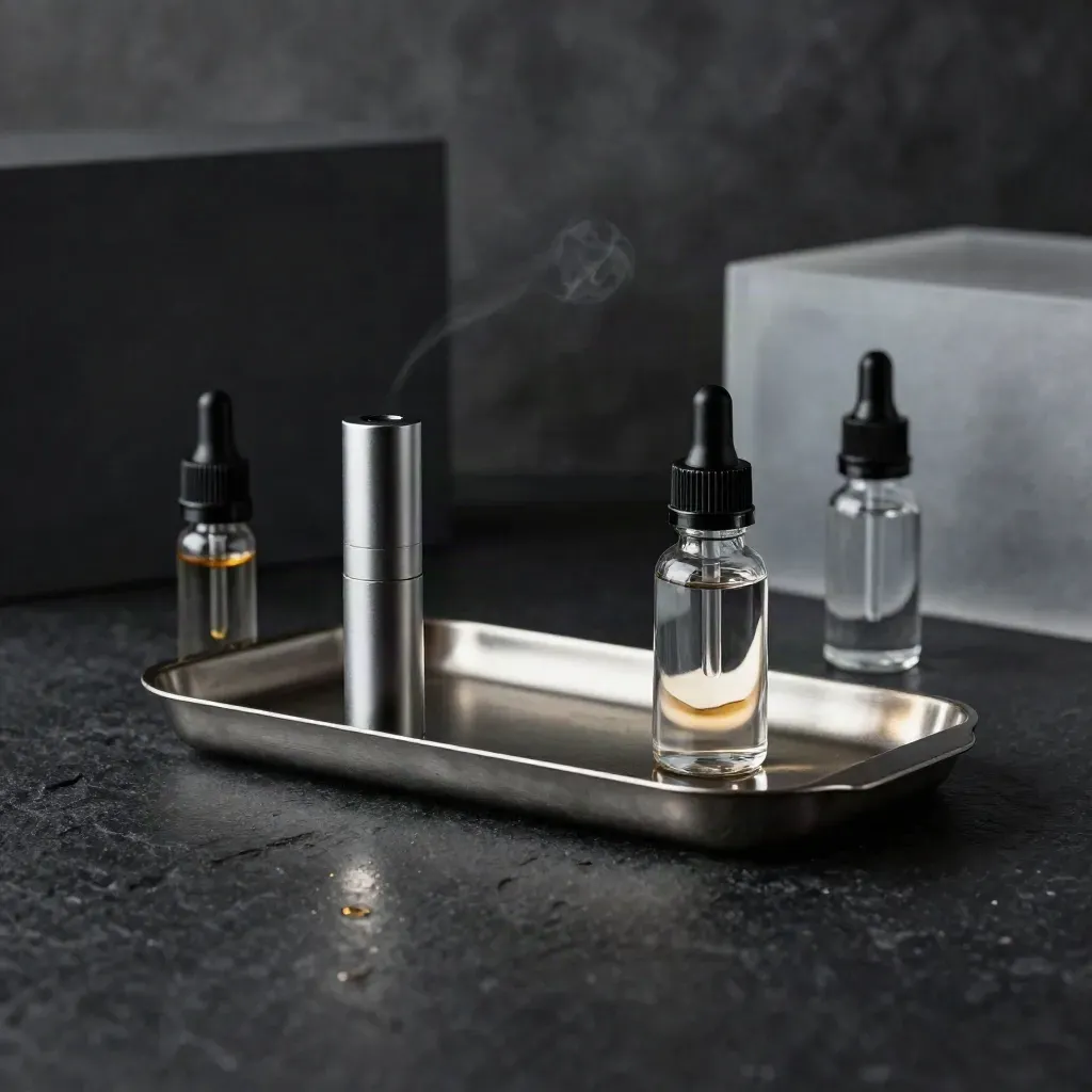 Dark vape cartridge, tincture bottle and metal tray on black stone with cool haze.