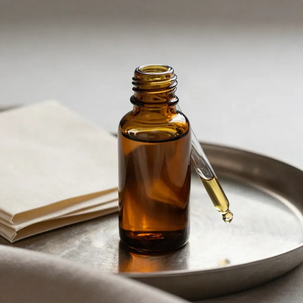Amber tincture bottle with dropper beside a folded cream linen card on brushed pewter.