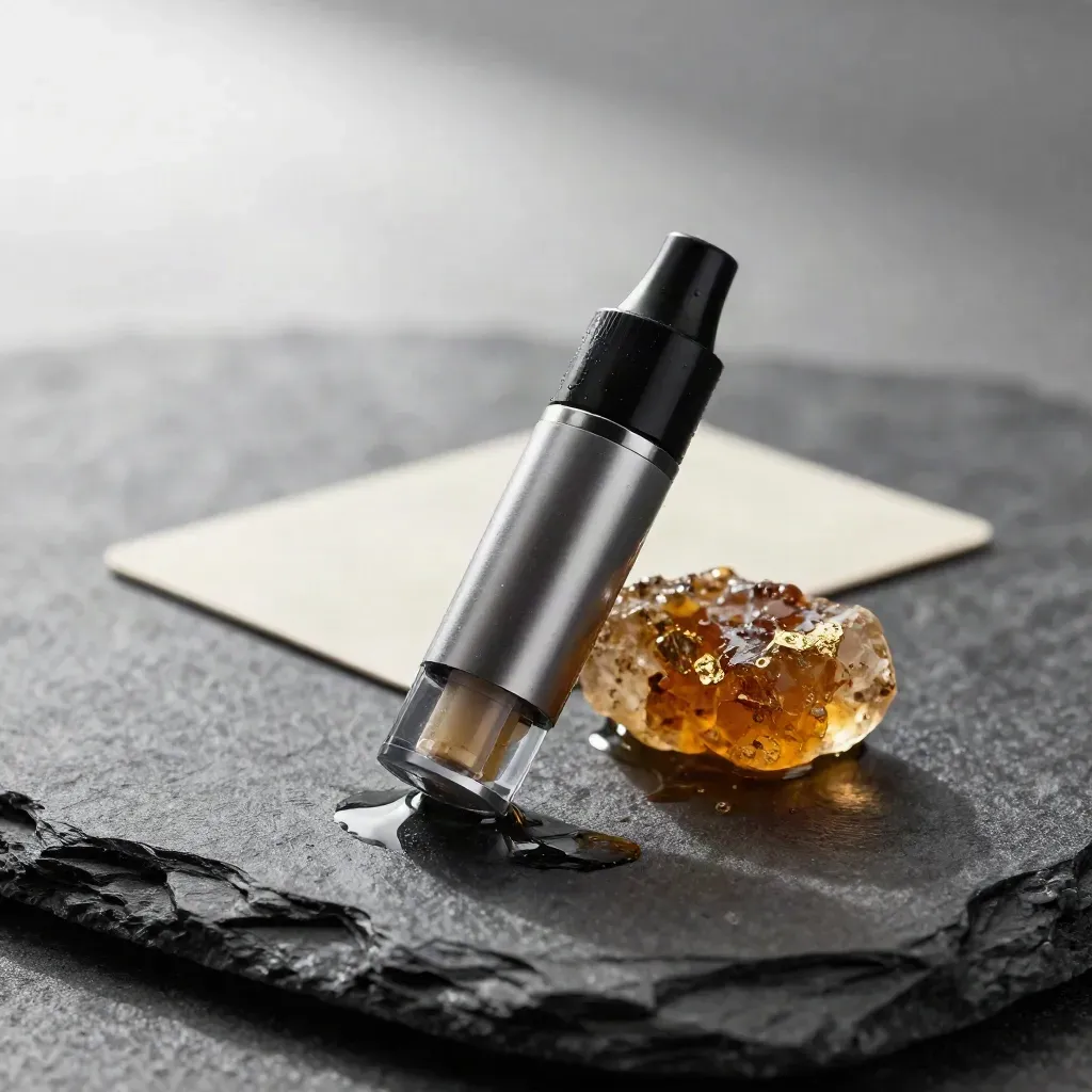 Live resin vape cart on wet slate with quartz chip and amber resin sheen