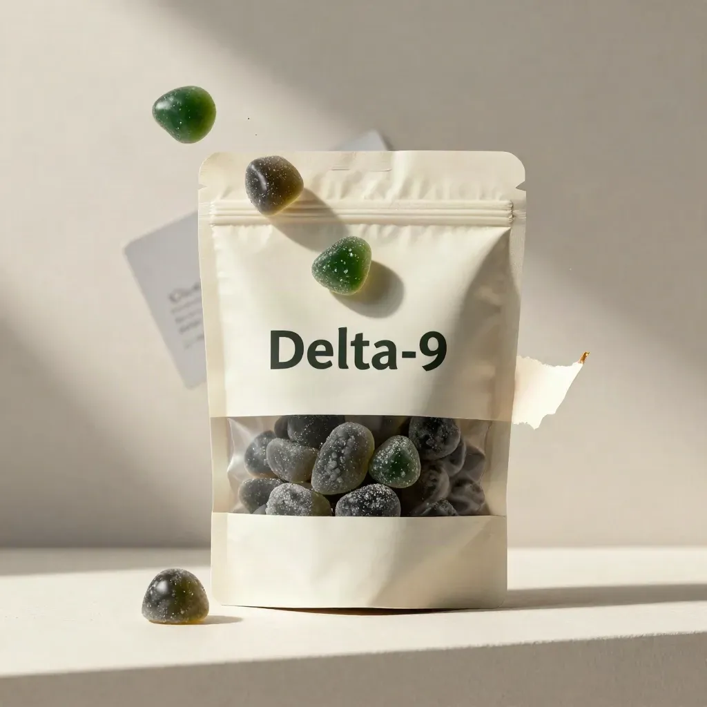 Unlabelled THC gummy pouch with floating fruit chews and torn parchment in a bright cream field.