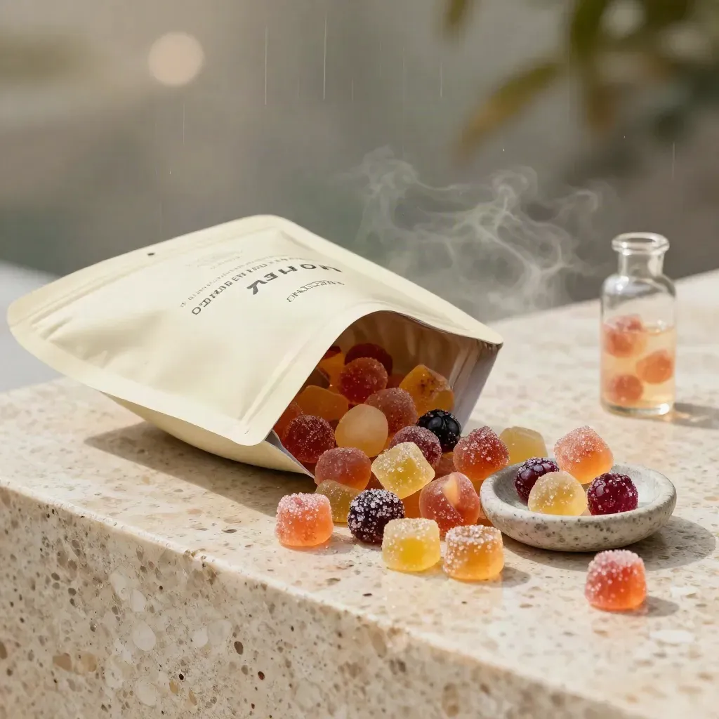 Oversized pouch of mixed-fruit THC gummies spilling onto a rain-damp stone ledge