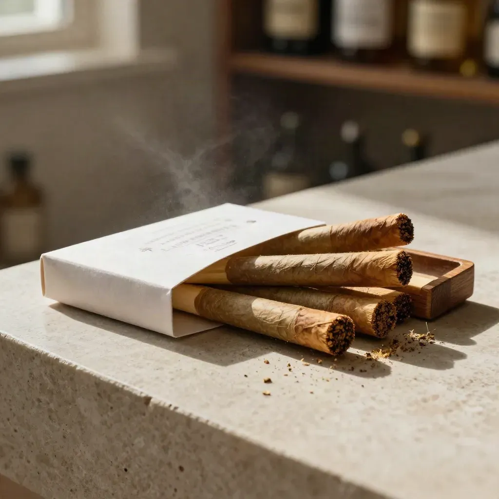 Mini pre-roll pack with three slim joints and cedar tray on a softly lit luxe surface.