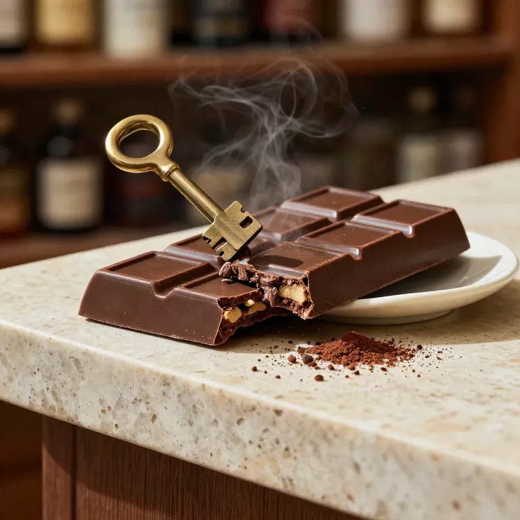 Chocolate THC bar with broken squares, cocoa nibs, and crumbs on travertine.