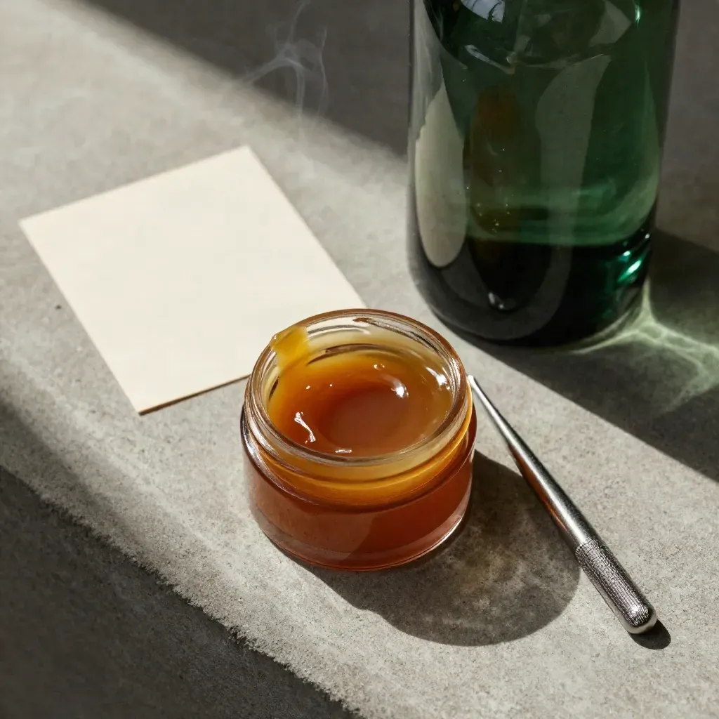 Top-down open sugar wax concentrate jar with dab tool and smoky glass stand on pale concrete.