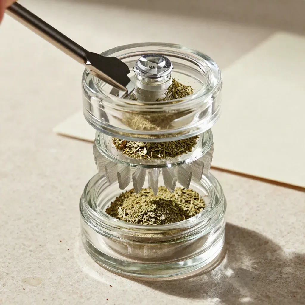 Overhead glass grinder set split into layers with herb dust on pale travertine under hard light.