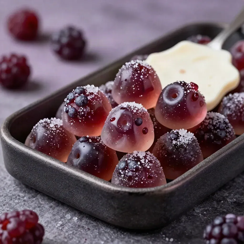 Macro of berry gummies in sugar on dark linen with crumbs and soft bokeh.