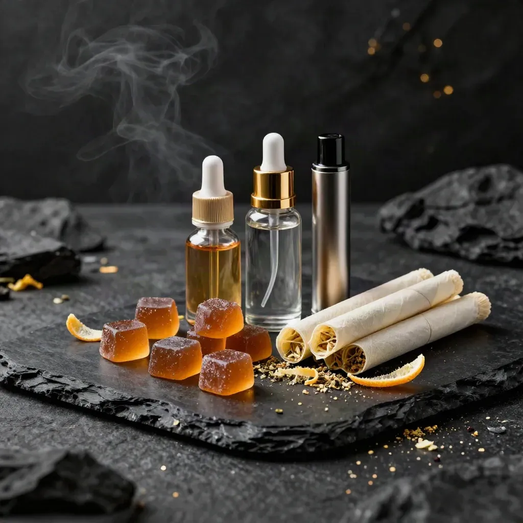 Cannabis gummies, tincture, vape cart and pre-rolls on dark stone with gold accents and citrus haze