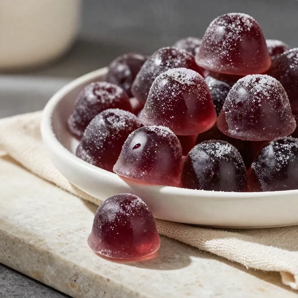 Moon berry gummies in a ceramic dish with sugar dust and cool linen folds, shot from above.