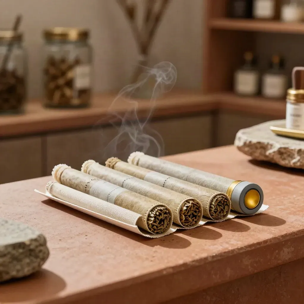 Pre-roll trio in a paper cradle with linen and ceramic ring on terracotta clay