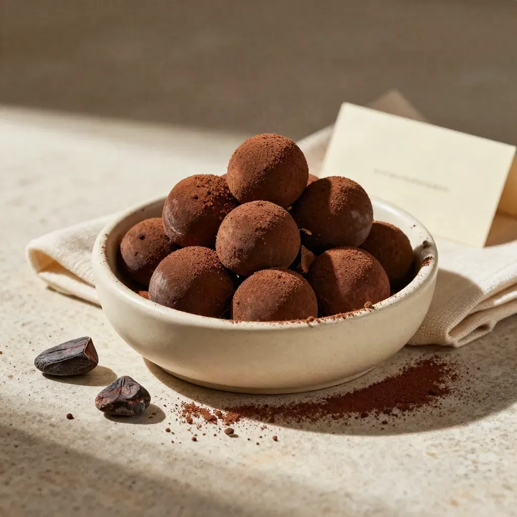 Cocoa THC bites in a small dish with cocoa dust, cacao nibs, and cream cloth.