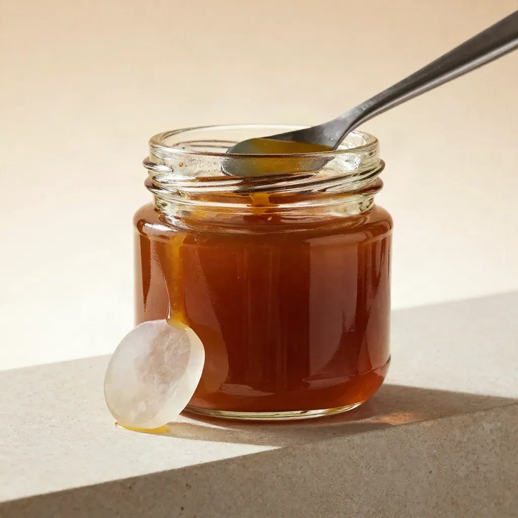 Amber sauce concentrate jar with quartz chip and dab tool on cream stone, macro close-up.