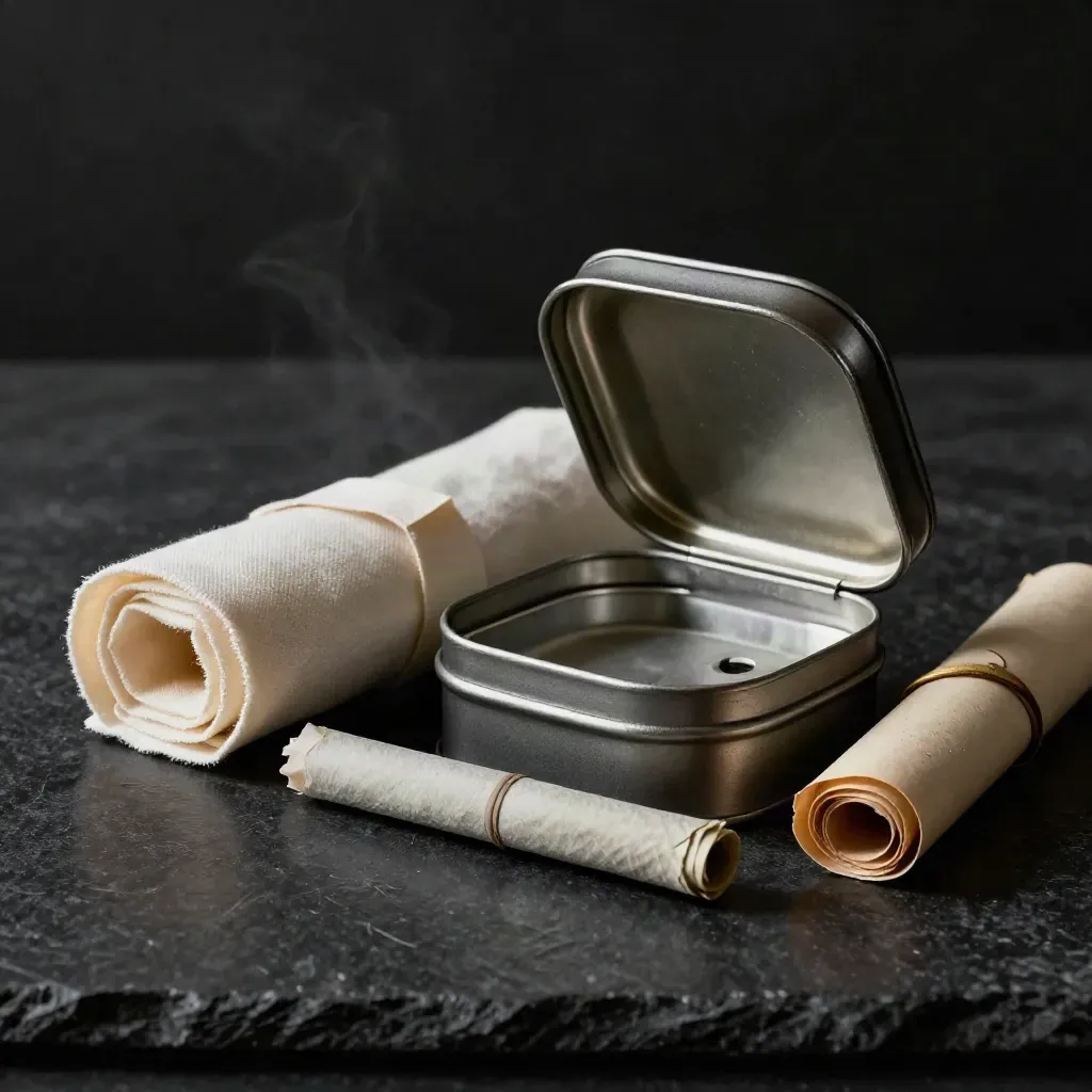 Open matte storage tin with cloth, pre-roll, and parchment bundle on a dark studio surface.