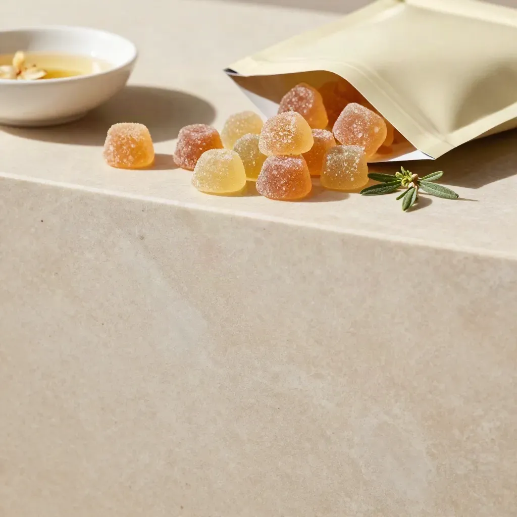 Cream marble with gummies, a pouch, and herb sprig lit softly from upper left.