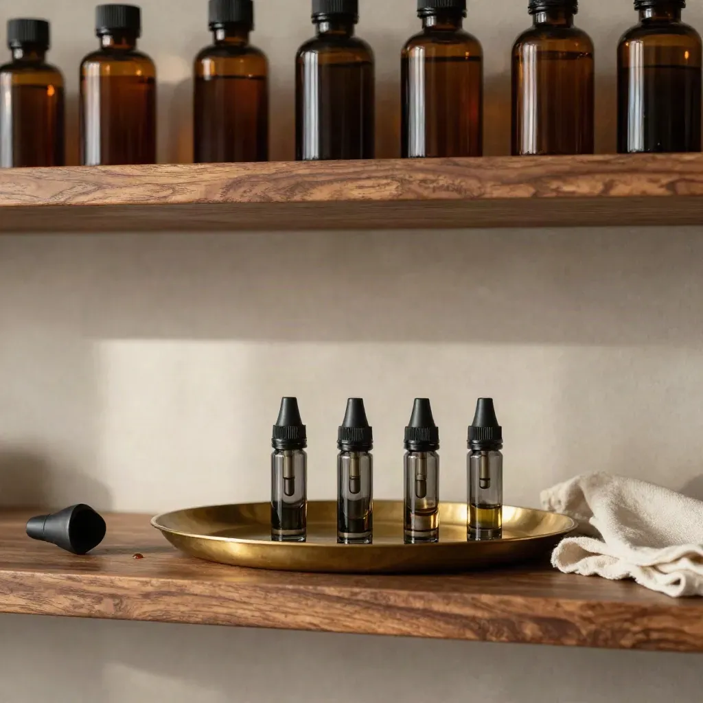Walnut shelf with vape cartridges, brass tray and blurred apothecary jars in warm light.
