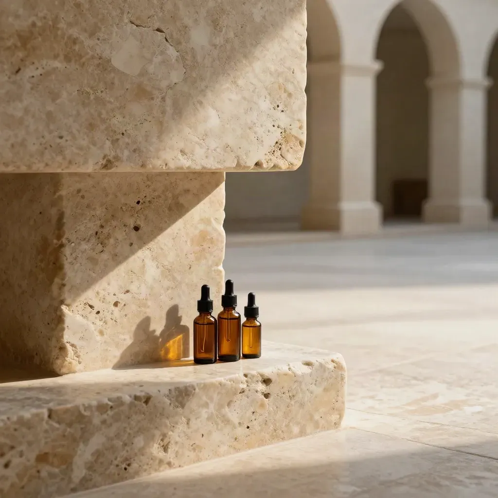 Amber tincture bottles on a stone arcade ledge above a calm plaster field, lit by narrow daylight.