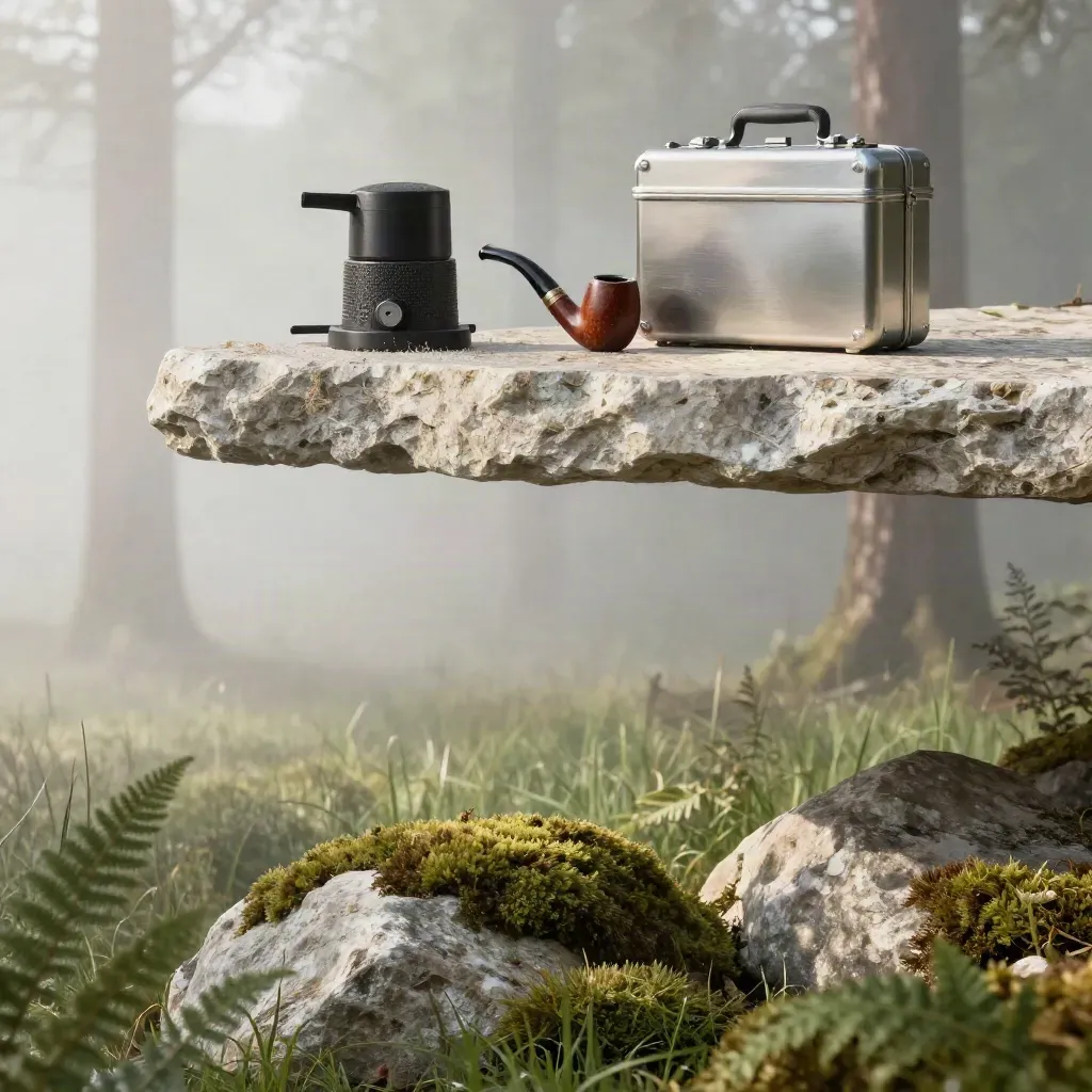 Misty cedar clearing with cannabis accessories on pale stone, sunlit grass above.