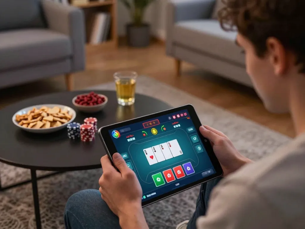Player immersed in intense poker game on tablet, emphasizing 888NEW's online gaming experience.