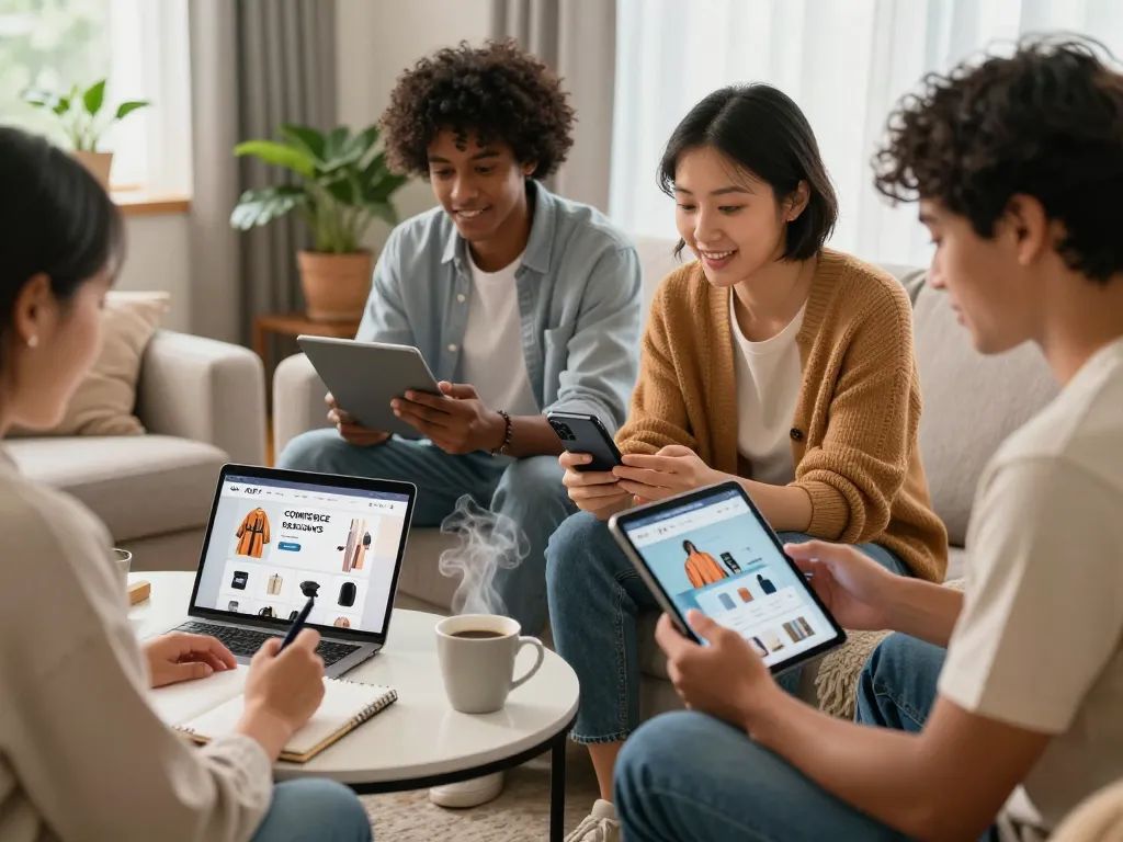 Exciting online shopping experience at https://hubet88.icu/ with diverse customers browsing products in a cozy living room.